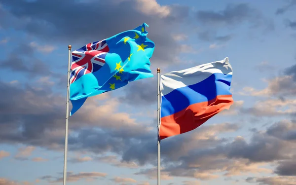 Hermosas Banderas Estatales Nacionales Tuvalu Rusia Juntas Fondo Del Cielo — Foto de Stock