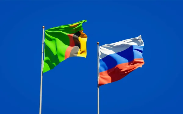 Beautiful National State Flags Zambia Russia Together Sky Background Artwork — Stock Photo, Image