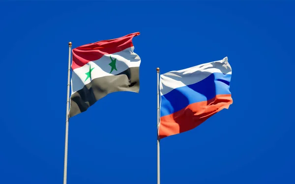Krásné Národní Státní Vlajky Sýrie Ruska Společně Obloze Pozadí Koncept — Stock fotografie