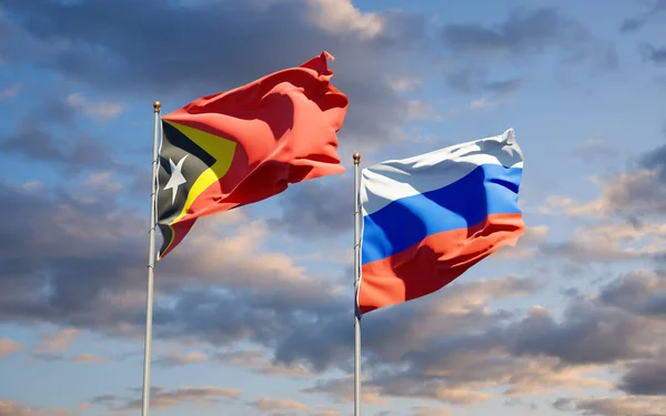 Красиві Державні Прапори Східного Тимору Росії Разом Тлі Неба Артхаус — стокове фото