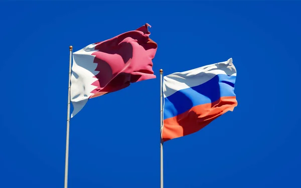Hermosas Banderas Estatales Nacionales Qatar Rusia Juntos Fondo Del Cielo —  Fotos de Stock