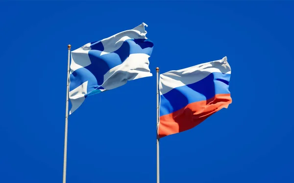 Hermosas Banderas Estatales Nacionales Finlandia Rusia Juntas Fondo Del Cielo —  Fotos de Stock