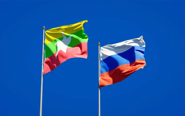 Hermosas Banderas Estatales Nacionales Myanmar Rusia Juntas Fondo Del Cielo —  Fotos de Stock