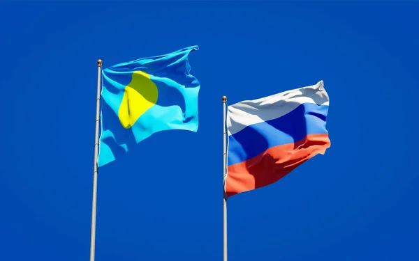 Schöne Nationalflaggen Von Palau Und Russland Zusammen Himmel Hintergrund Konzept — Stockfoto