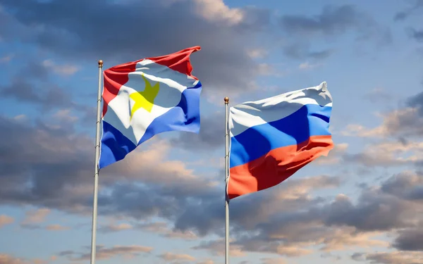 Vackra Nationella Flaggor Saba Och Ryssland Tillsammans Himlen Bakgrund Konstverkskoncept — Stockfoto