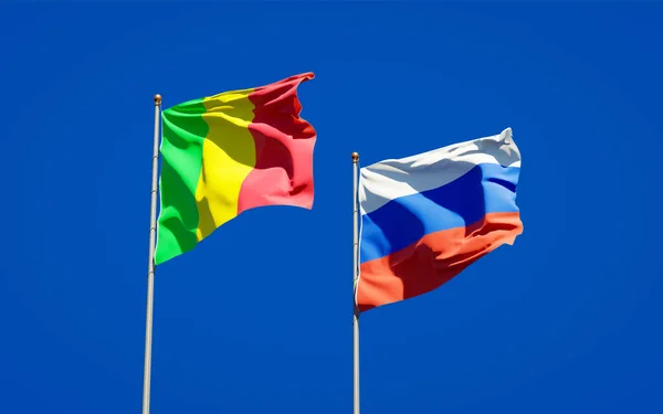Hermosas Banderas Estatales Nacionales Malí Rusia Juntas Fondo Del Cielo —  Fotos de Stock