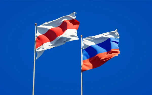 Hermosas Banderas Estatales Nacionales Nueva Bielorrusia Rusia Juntas Fondo Del —  Fotos de Stock