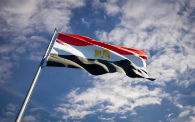 Mısır 'ın güzel ulusal bayrağı gökyüzü arka planında dalgalanıyor. Düşük açılı Mısır bayrağı 3D sanat eseri.