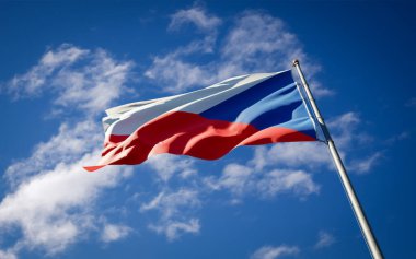 Güzel bir ulusal Çek bayrağı gökyüzünde dalgalanıyor. Düşük açılı Çek bayrağı 3D sanat eseri.