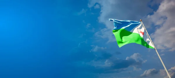 Beautiful national state flag of Djibouti with blank space. Djibouti flag on wide background with place for text 3D artwork.