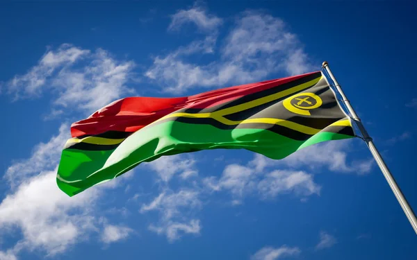 Vanuatu Gyönyörű Nemzeti Zászlója Lobogott Égbolton Alacsony Szögű Közeli Vanuatu — Stock Fotó