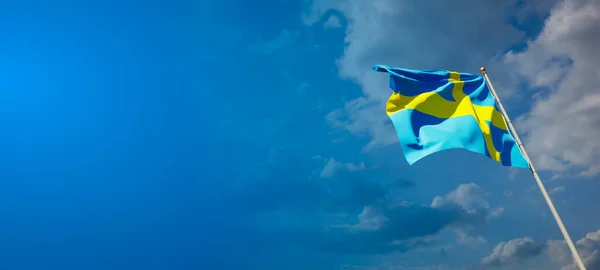 Beautiful national state flag of Sweden with blank space. Sweden flag on wide background with place for text 3D artwork.