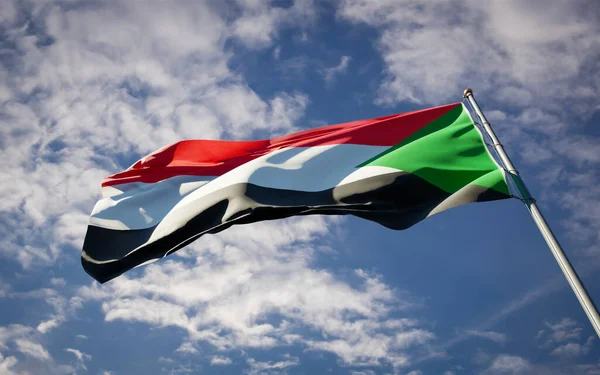 Beautiful National State Flag Sudan Fluttering Sky Background Low Angle — Stock Photo, Image