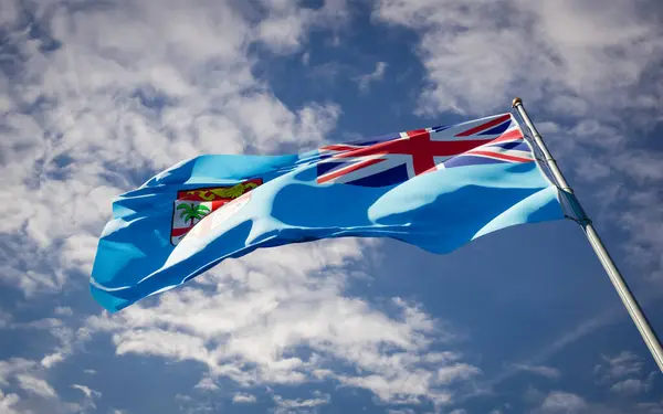Vacker Nationalstat Flagga Fiji Fladdrar Himlen Bakgrund Låg Vinkel Närbild — Stockfoto