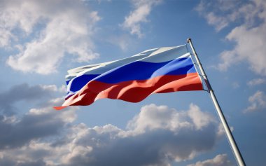 Rusya 'nın güzel ulusal bayrağı gökyüzünde dalgalanıyor. Düşük açılı Rusya bayrağı 3D sanat eseri.