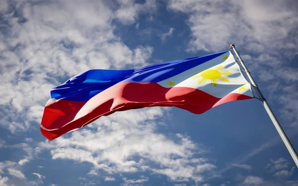 Schöne Nationalflagge Der Philippinen Flattert Himmel Hintergrund Niedrige Nahaufnahme Philippinen — Stockfoto