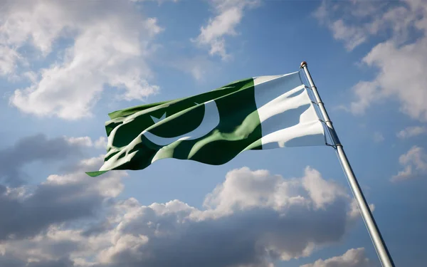 Krásná Národní Vlajka Pákistánu Vlaje Pozadí Oblohy Low Angle Close — Stock fotografie