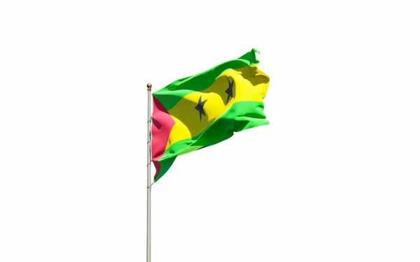 空の背景になびくサントメの美しい国家旗 低角度クローズアップ Sao Tome Flag 3Dアートワーク — ストック写真