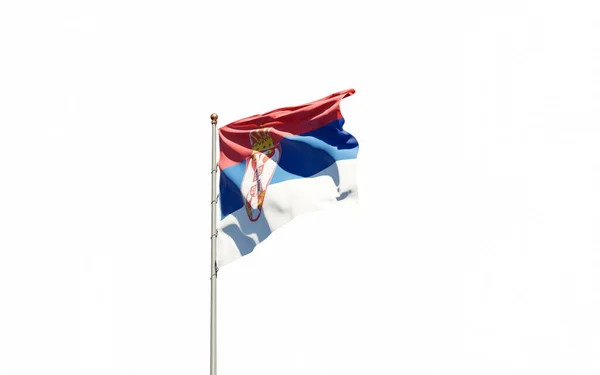 Красивый Национальный Государственный Флаг Сербии Трепещет Фоне Неба Малый Угол — стоковое фото