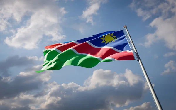 Mooie Nationale Vlag Van Namibië Fladderend Achtergrond Van Lucht Low — Stockfoto