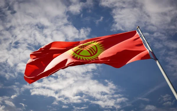 Beautiful National State Flag Kyrgyzstan Fluttering Sky Background Low Angle — Stock Photo, Image