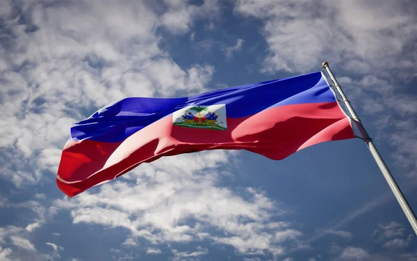 Vacker Nationalstatsflagga Haiti Fladdrar Himlen Bakgrund Låg Vinkel Närbild Haiti — Stockfoto