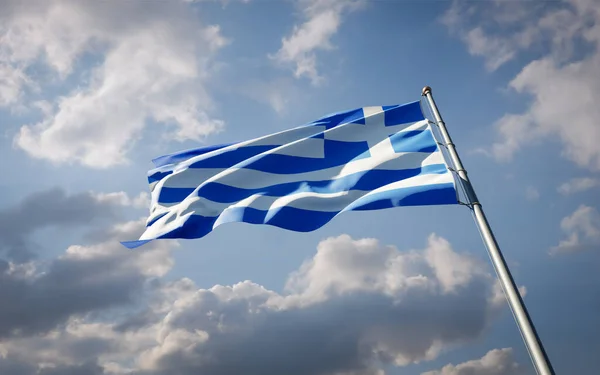 Schöne Nationalflagge Griechenlands Flattert Himmel Niedrige Nahaufnahme Der Griechischen Flagge — Stockfoto