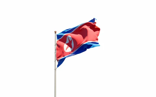 Прекрасний Національний Державний Прапор Північної Кореї Пурхає Тлі Неба Low — стокове фото