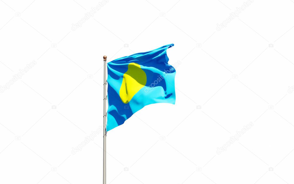 Beautiful national state flag of Palau fluttering at sky background. Low angle close-up Palau flag 3D artwork.