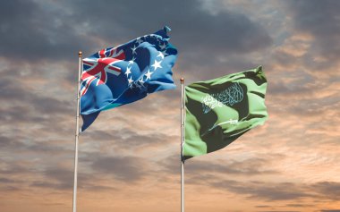 Suudi Arabistan ve Cook Adası bayrakları. 3B sanat eseri  