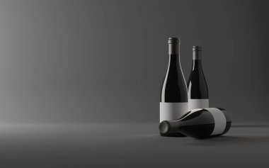 Siyah fotokopi alanında şarap şişeleri. 3B sanat eseri