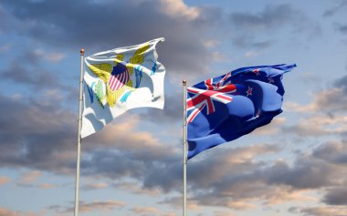 Birleşik Devletler Virgin Adaları ve Yeni Zelanda bayrakları. 3B sanat eseri  