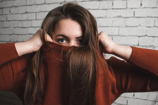 Young Beautiful Woman Hiding Her Face Sweater Close Portrait Brunette — Stock Photo, Image