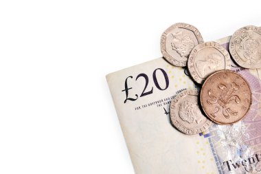 Yirmi İngiliz Lirası ve peni sikkeler üzerinde beyaz izole