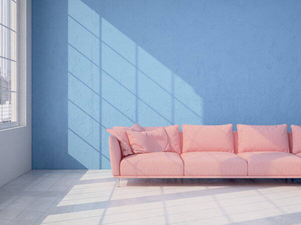 Modern interior with blue wall and pink sofa. 3d rendering