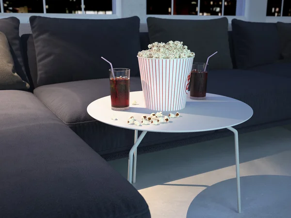 Filmu večer s popcorn a limonádu. 3D vykreslování — Stock fotografie