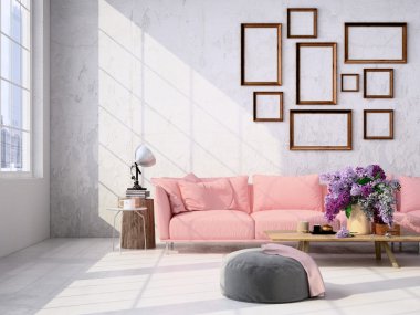 oturma odası çatı iç. 3D render