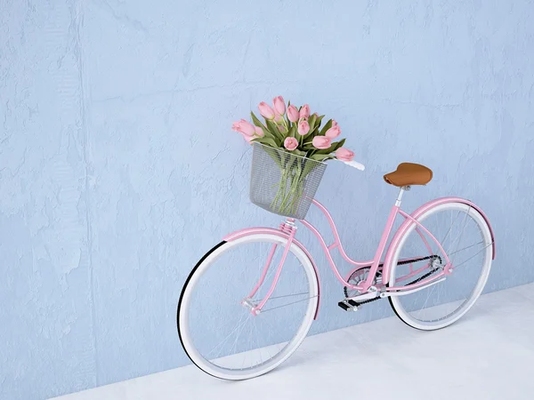 Retro vintage bicycle old and blue wall. 3d rendering — Stock Photo, Image