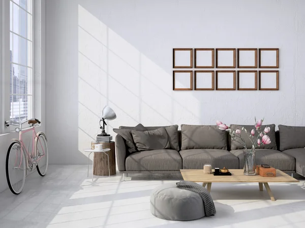 Wohnzimmer Loft Interieur. 3D-Darstellung — Stockfoto