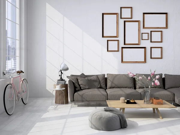 Living room loft interior. 3d rendering — Stock Photo, Image