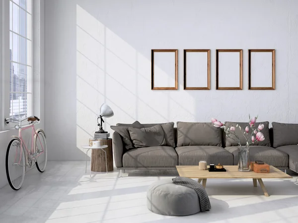 Wohnzimmer Loft Interieur. 3D-Darstellung — Stockfoto