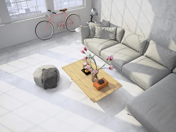 Oturma odası çatı iç. 3D render — Stok fotoğraf