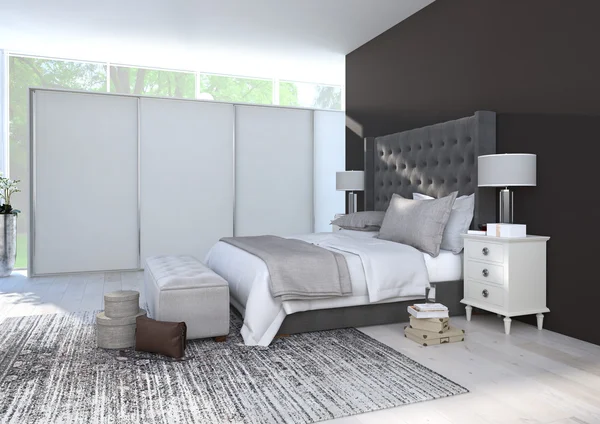 Dormitorio cómodo con una bonita decoración. renderizado 3d —  Fotos de Stock