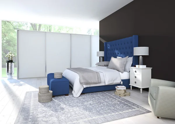 Dormitorio cómodo con una bonita decoración. renderizado 3d —  Fotos de Stock