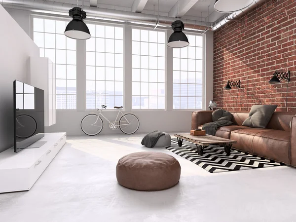 Sala de estar loft interior. Renderização 3d — Fotografia de Stock