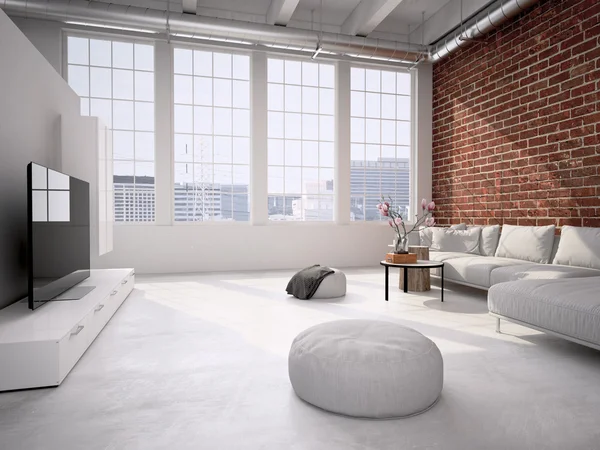 Interiér podkroví obývací pokoj. 3D vykreslování — Stock fotografie