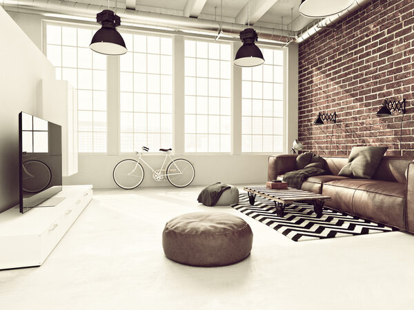 living room loft interior. 3d rendering