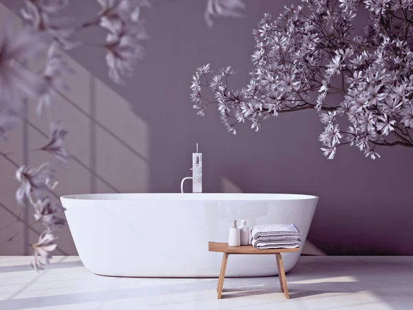 Moderne grijze badkamer met badkuip. 3D-rendering — Stockfoto