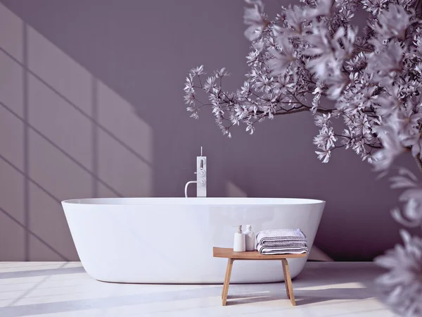 Modernes graues Badezimmer mit Badewanne. 3D-Darstellung — Stockfoto