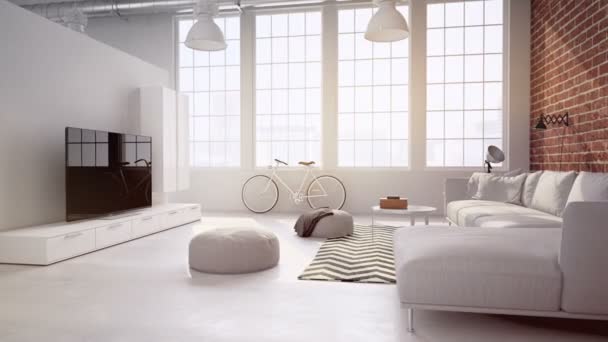 Wohnzimmer Loft Interieur. 3D-Darstellung — Stockvideo